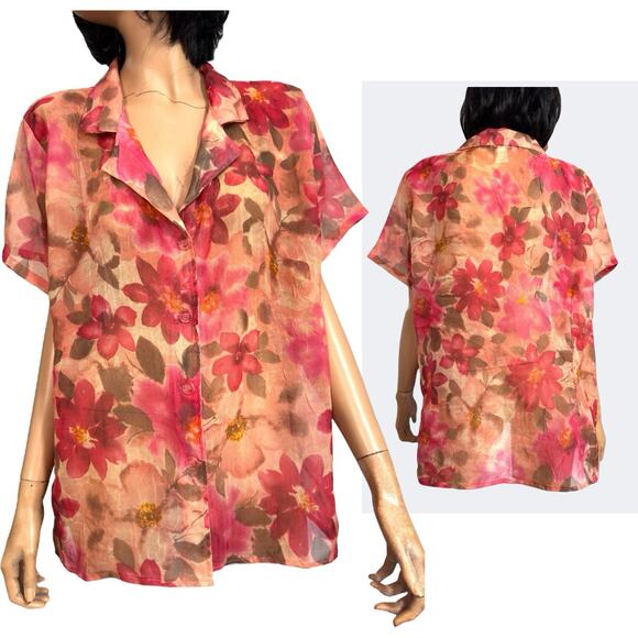 Sheer Chiffon Floral Button Top Collared 20W Garden Fairy Bloomcore Ethereal VTG - Picture 1 of 13